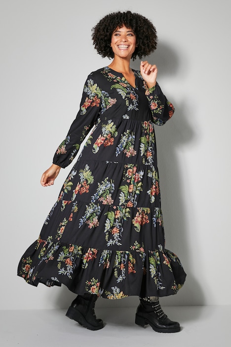 Maxikleid, A-Line, Blumen, Volants
