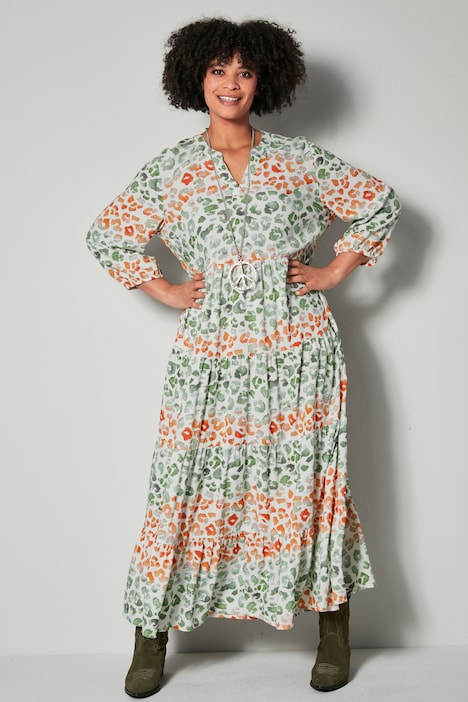 Maxikleid, Leo-Streifen, Tunika-Ausschnitt, 3/4-Ärmel