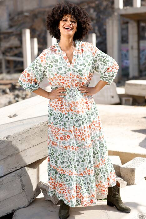 Maxikleid, Leo-Streifen, Tunika-Ausschnitt, 3/4-Ärmel