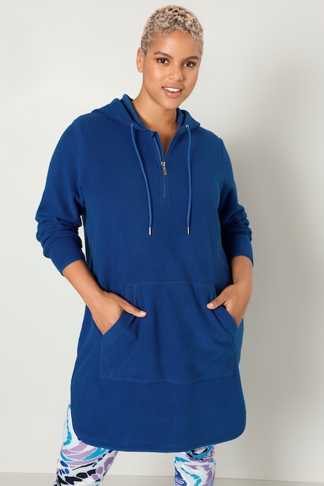 Long-Hoodie, oversized, Teddyfleece, Kapuze mit Zipper, Kängurutasche