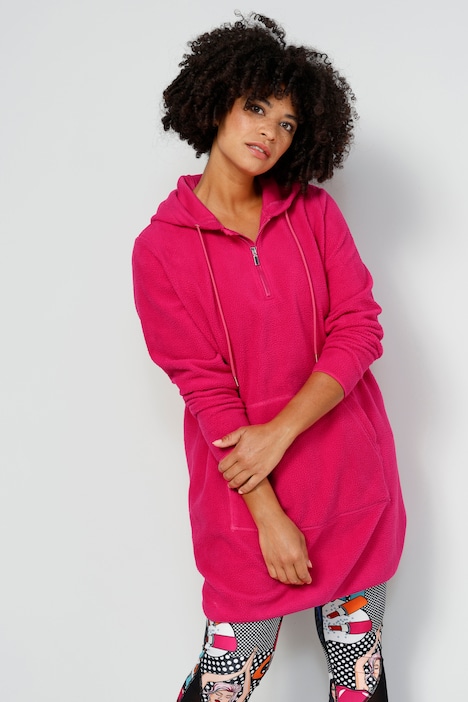 Long-Hoodie, oversized, Teddyfleece, Kapuze mit Zipper, Kängurutasche