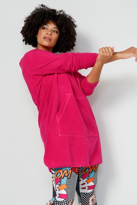 Long-Hoodie, oversized, Teddyfleece, Kapuze mit Zipper, Kängurutasche