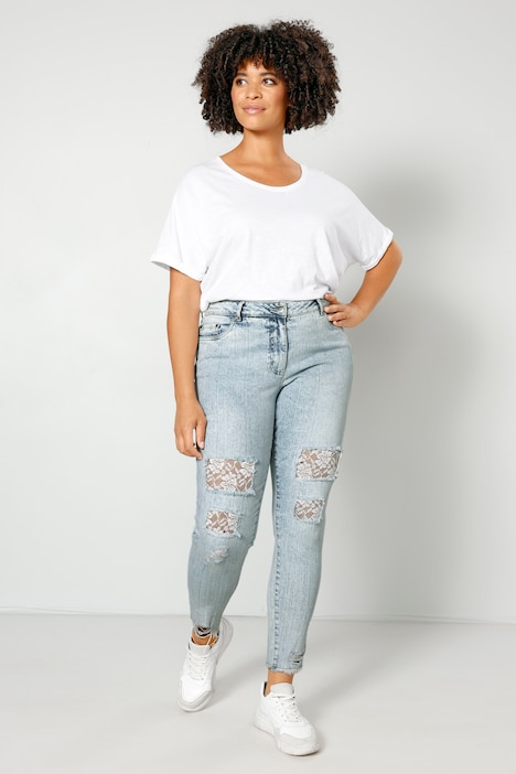 7/8-Jeans, Komfort Fit, destroyed mit Spitze, 5-Pocket