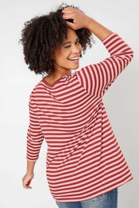 T-Shirt, Classic Fit, Ringel, farbiger Rundhals, 3/4-Ärmel