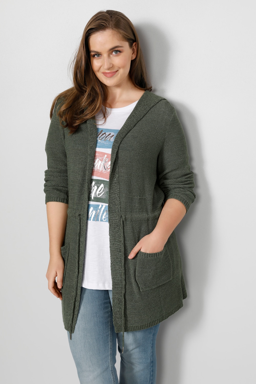 Strickjacke, Kapuze, Taillen-Bindeband, Langarm