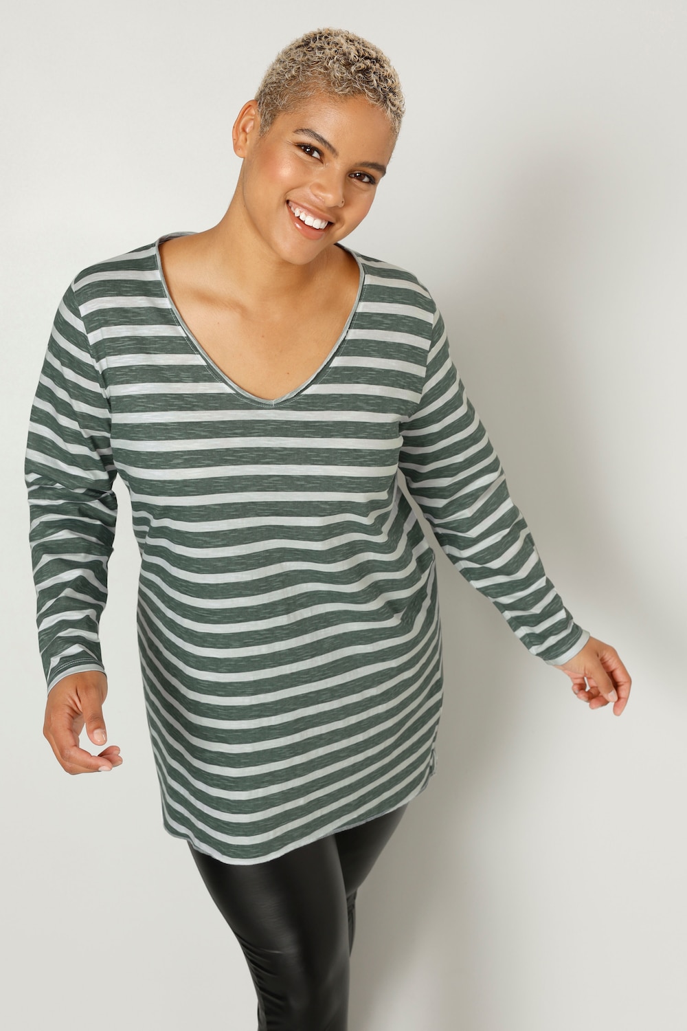 Longshirt, A-Line, geringelt, V-Ausschnitt, Langarm