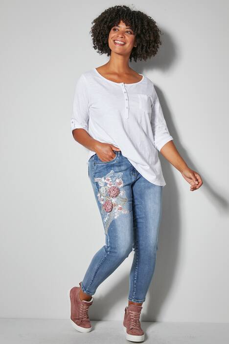 T-Shirt, Rundhals, Knopfleiste, 3/4-Ärmel