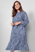 Midi-Plissekleid, Straight Fit, Alloverdruck, Rundhals, Langarm