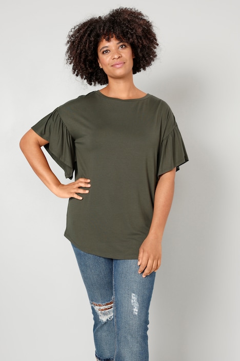 T-Shirt, oversized, U-Boot-Ausschnitt, Rüschen-Halbarm