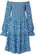 Robe midi smockée avec motif floral, encolure carrée et manches longues