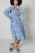 Robe midi smockée avec motif floral, encolure carrée et manches longues