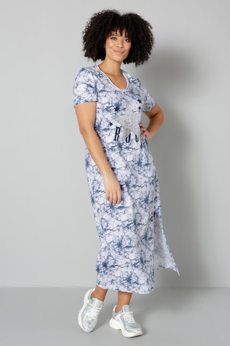 Kleid, Batikdruck, Silberstern, V-Ausschnitt, Halbarm