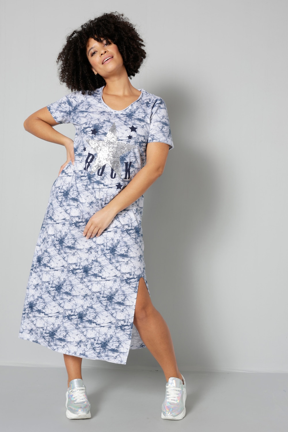 Kleid, Batikdruck, Silberstern, V-Ausschnitt, Halbarm
