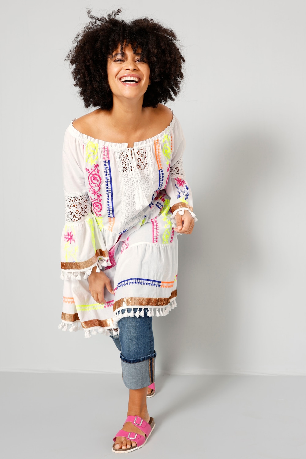 Tunika-Bluse, lange A-Line, Tunika-Ausschnitt, farbige Details, 3/4-Ärmel