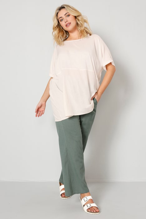 Bluse, oversized, Materialmix, Rundhals