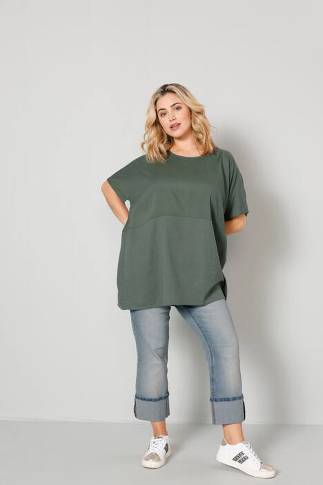 Bluse, oversized, Materialmix, Rundhals