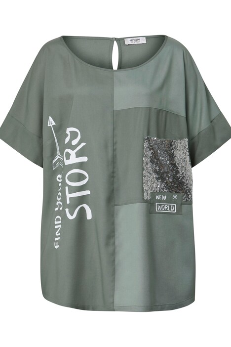 Bluse, oversized, Materialmix, Pailletten-Patch, Halbarm
