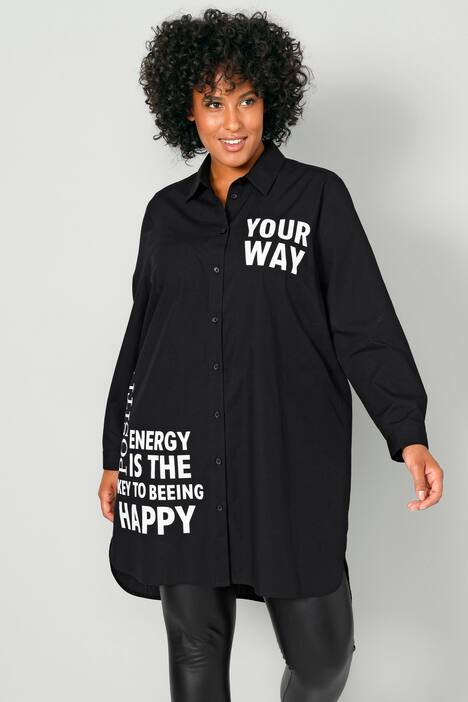 Lange blouse, oversized, tekst, overhemdkraag, lange mouwen