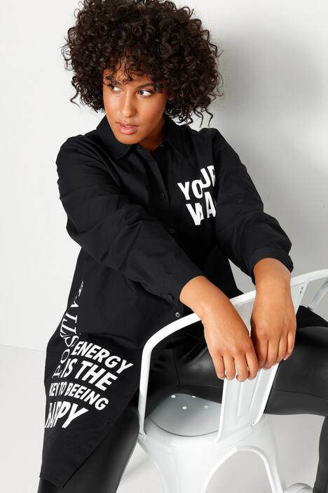 Lange blouse, oversized, tekst, overhemdkraag, lange mouwen