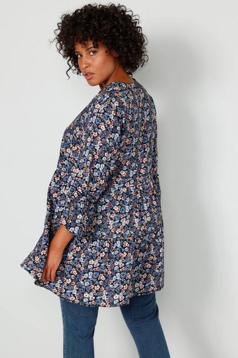 Tunika, A-Line, Blütenmuster, Tunika-Ausschnitt, 3/4-Ärmel