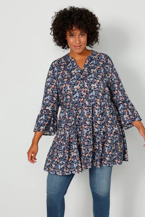 Tunika, A-Line, Blütenmuster, Tunika-Ausschnitt, 3/4-Ärmel