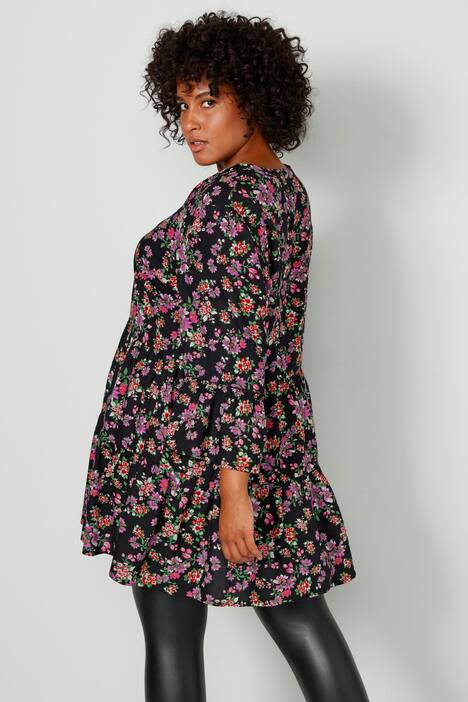 Tuniekblouse, A-lijn, bloemenpatroon, tuniekhals, 3/4-mouwen