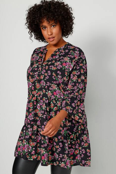 Tuniekblouse, A-lijn, bloemenpatroon, tuniekhals, 3/4-mouwen