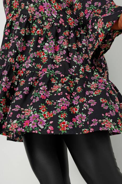 Tuniekblouse, A-lijn, bloemenpatroon, tuniekhals, 3/4-mouwen