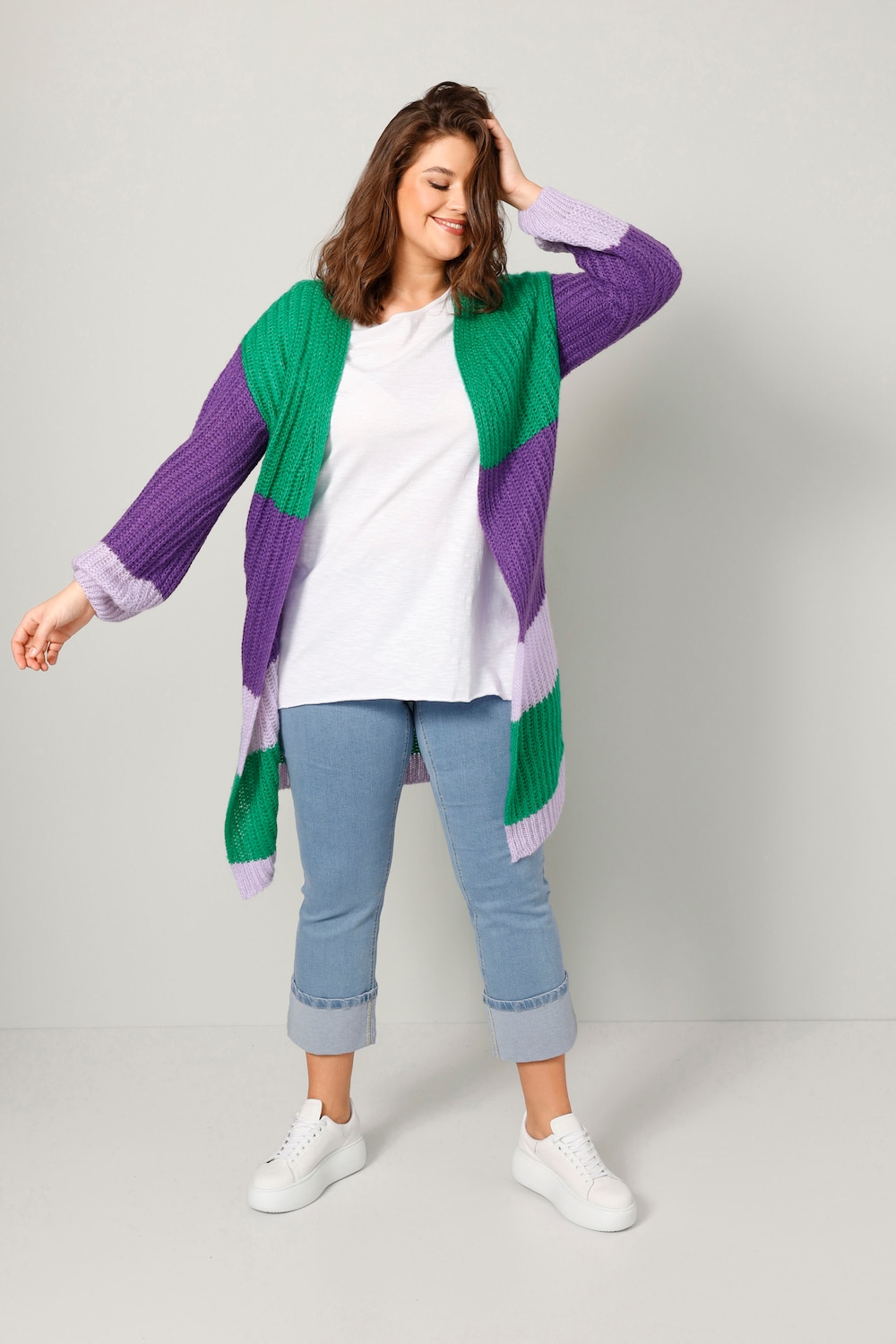 Lang vest, oversized, blokstrepen, open model, lange mouwen