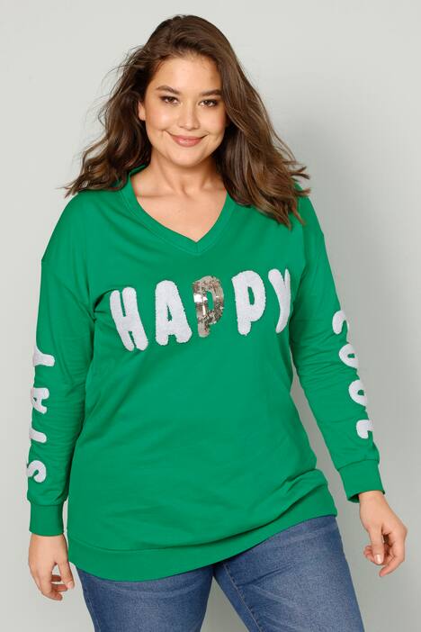 Sweatshirt, Regular Fit, Schrift mit Pailletten, V-Ausschnitt, Langarm