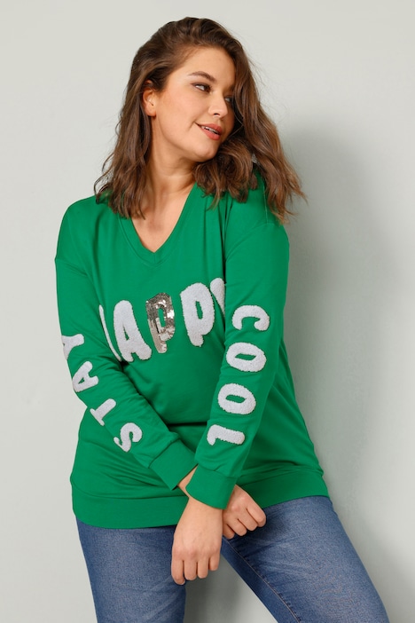 Sweatshirt, regular fit, tekst met pailletten, V-hals, lange mouwen