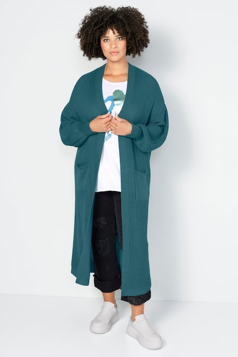 Strickmantel, lange, offene Form, Rippstrick, Langarm