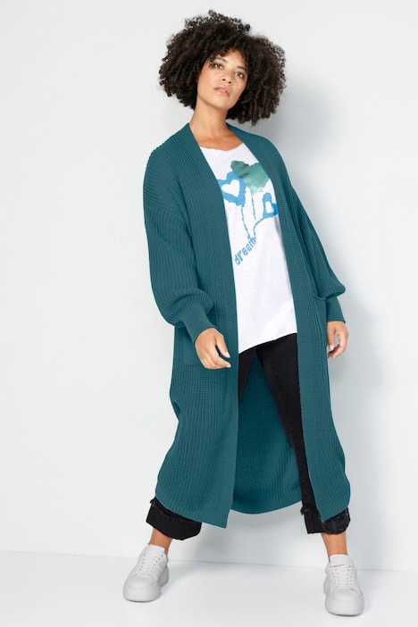 Strickmantel, lange, offene Form, Rippstrick, Langarm