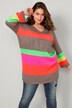 Long-Pullover, oversized, Blockstreifen, Glitzer-Schriftzug, V-Ausschnitt