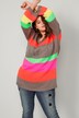 Long-Pullover, oversized, Blockstreifen, Glitzer-Schriftzug, V-Ausschnitt