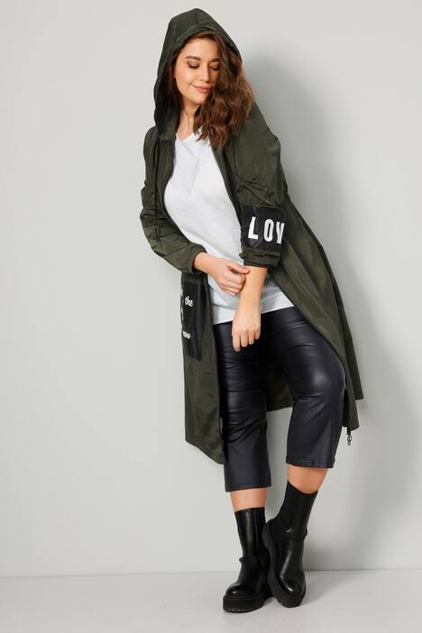 Longjacke, Kapuze, große Patches, elastische Taille, Langarm