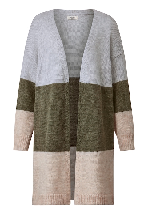 Long-Strickjacke, Blockstreifen, offene Form
