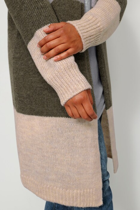 Long-Strickjacke, Blockstreifen, offene Form