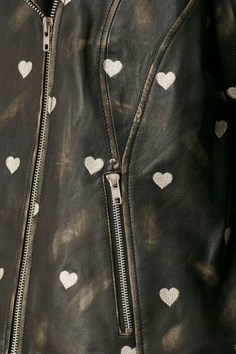 Leder-Bikerjacke, echtes Leder, Stick-Herzen, Zipper