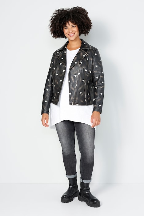 Leder-Bikerjacke, echtes Leder, Stick-Herzen, Zipper