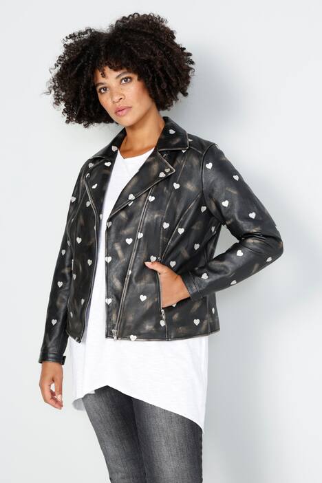 Leder-Bikerjacke, echtes Leder, Stick-Herzen, Zipper