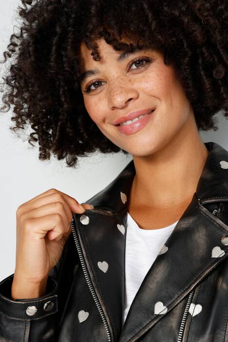 Leder-Bikerjacke, echtes Leder, Stick-Herzen, Zipper
