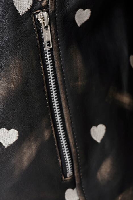 Leder-Bikerjacke, echtes Leder, Stick-Herzen, Zipper