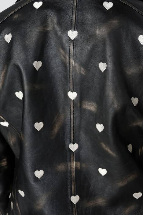 Leder-Bikerjacke, echtes Leder, Stick-Herzen, Zipper