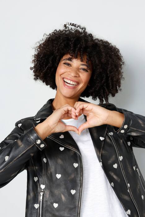 Leder-Bikerjacke, echtes Leder, Stick-Herzen, Zipper