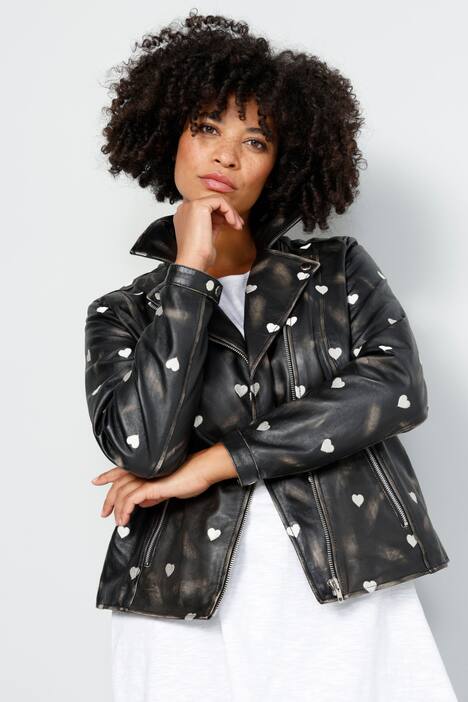 Leder-Bikerjacke, echtes Leder, Stick-Herzen, Zipper
