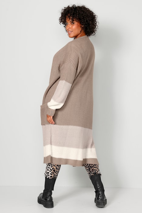Long-Strickmantel, oversized, offene Form, Colorblocking, Langarm
