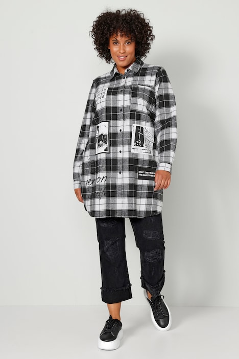 Karo-Longbluse, Relaxed Fit, Patches, Rückenprint, Langarm