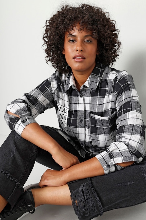 Karo-Longbluse, Relaxed Fit, Patches, Rückenprint, Langarm