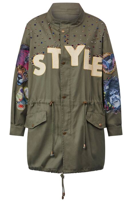 Parka, oversized, Applikationen, Stehkragen, Zipper, Langarm